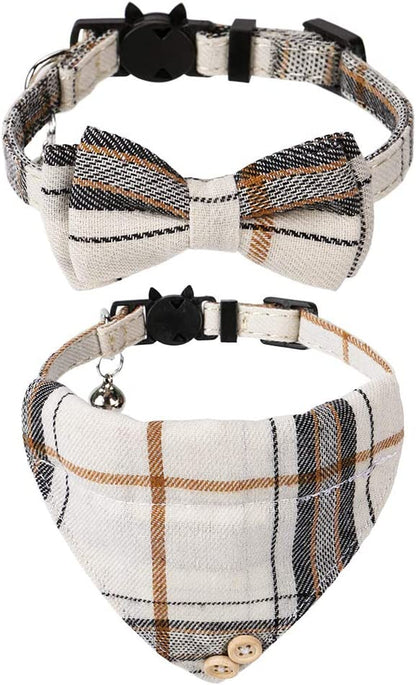 2 Pack/Set Cat Collar with Cute Bow Tie and Bell,Breakaway Plaid Shirt Collar for Kitty Adjustable Safety