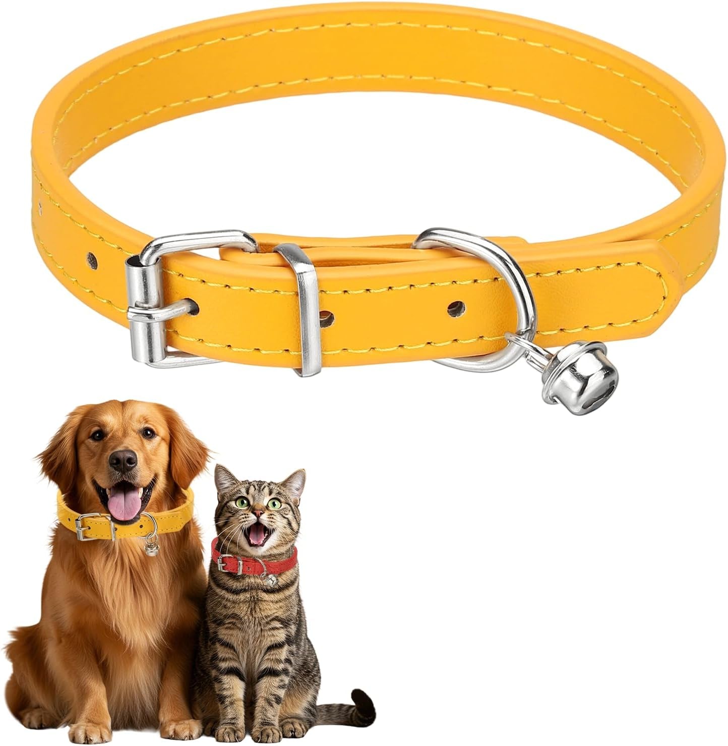Dog Collar with Bell, Pu Leather Cat Collars Pet Basic Soft Padded Adjustable Buckle, 14.5" (Blue, 1 Pcs), Intended for Teacup/Little Dog/Kitten Cats/Small Animals