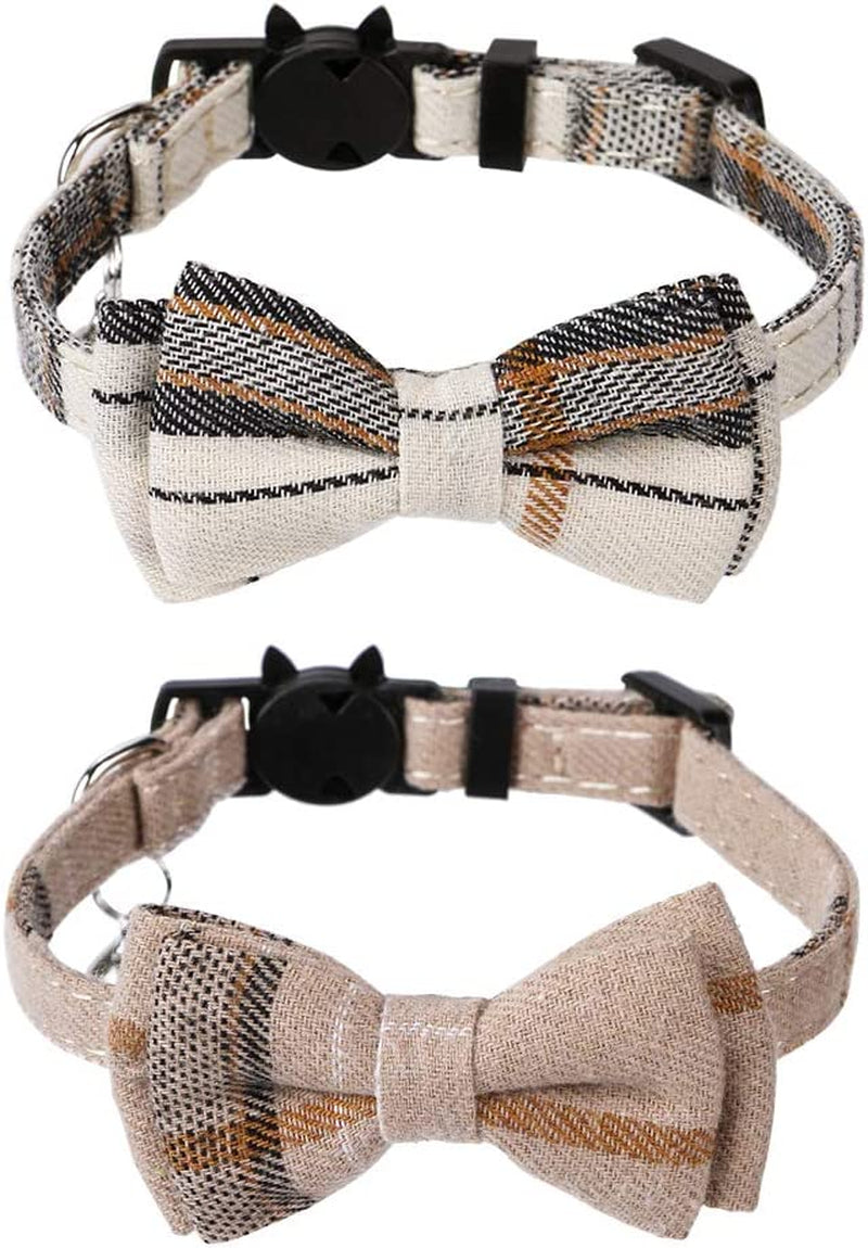 2 Pack/Set Cat Collar with Cute Bow Tie and Bell,Breakaway Plaid Shirt Collar for Kitty Adjustable Safety