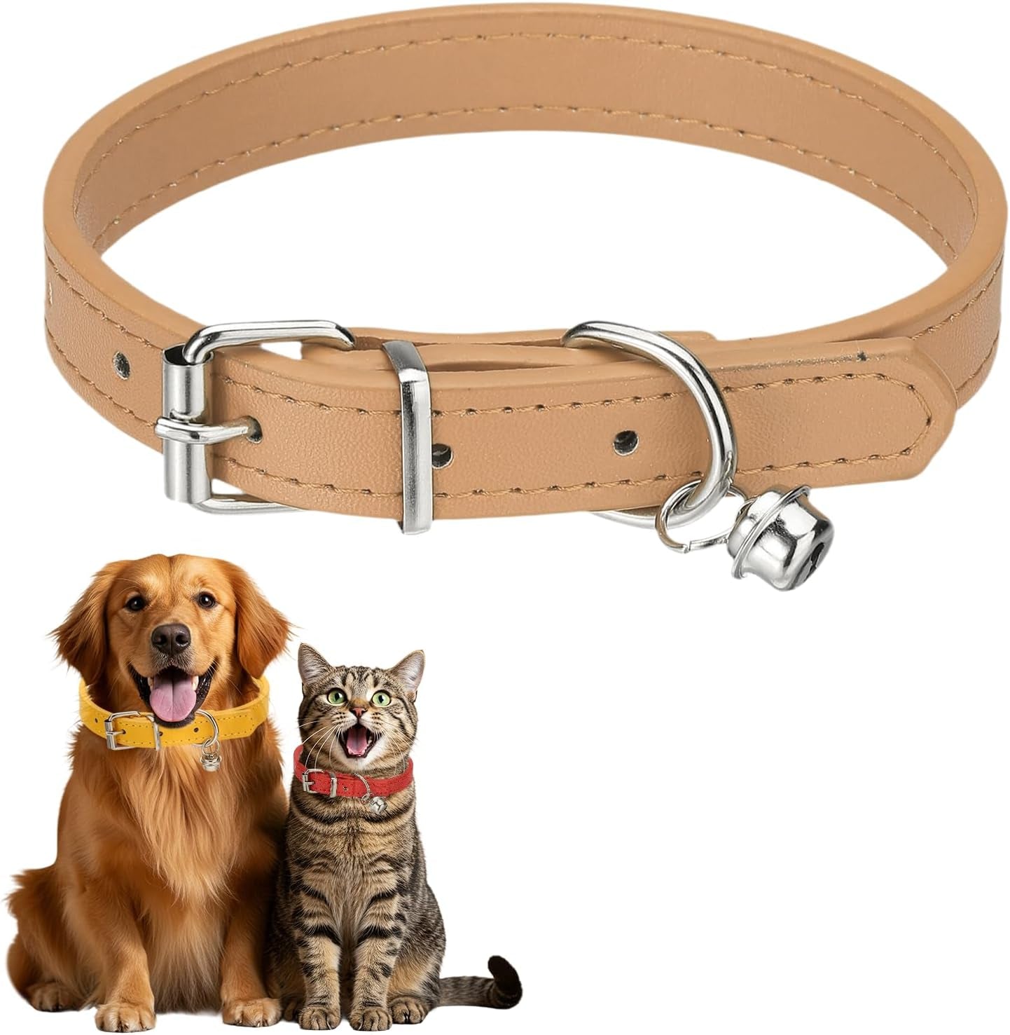 Dog Collar with Bell, Pu Leather Cat Collars Pet Basic Soft Padded Adjustable Buckle, 14.5" (Blue, 1 Pcs), Intended for Teacup/Little Dog/Kitten Cats/Small Animals