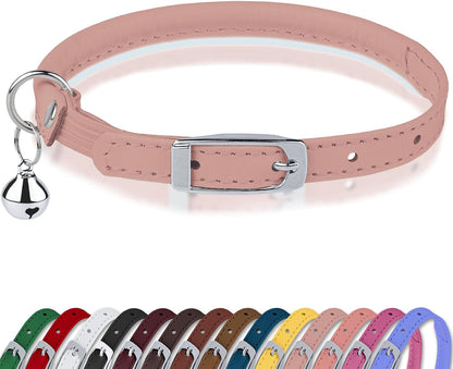 Rolled Leather Cat Collar with Bell, Reflective Kitten Collars with Buckle Include Safety Elastic Strap - Adjustable Small Pet Collars for Boy Girl Cats (White)