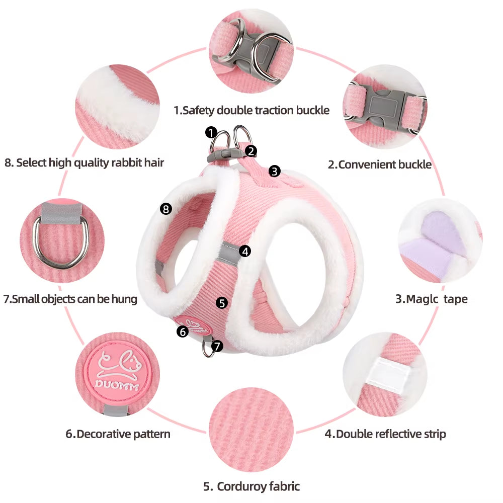 Cat Winter Small Dog Harness Leash Rabbit Plush Reflective Pet Harness Vest-Style Puppy Outdoor Dog Lead Walking Cat Windproof