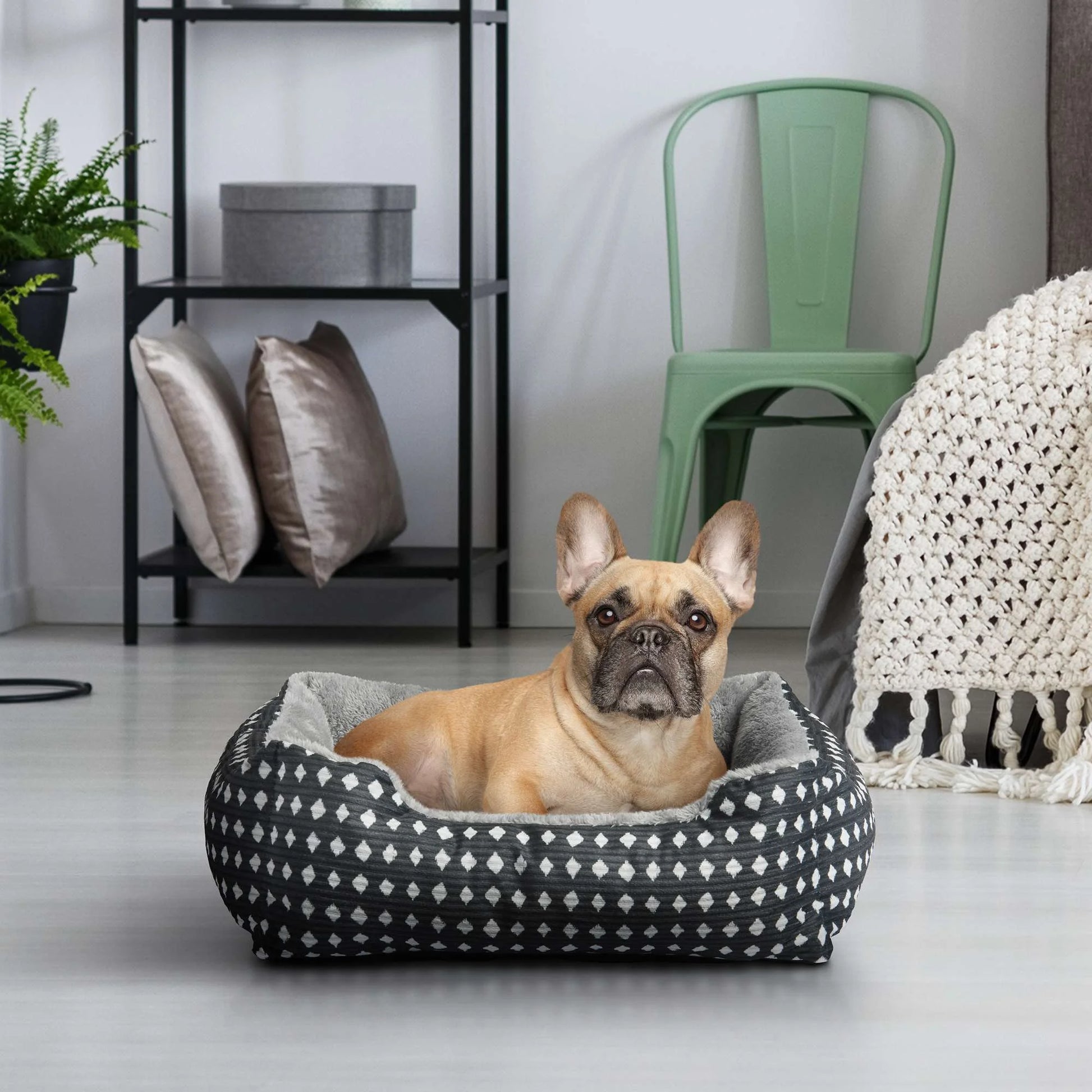 Dog Bed, Cat Bed, Puppy Bed, Plush Cuddle Bed for Small Breeds, 19" X 15",Black & White Diamonds