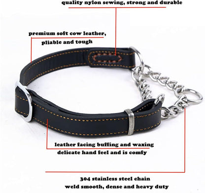Soft Leather Martingale Dog Collar with Stainless Steel Chain | No-Pull Anti-Slip Design for Medium & Large Dogs