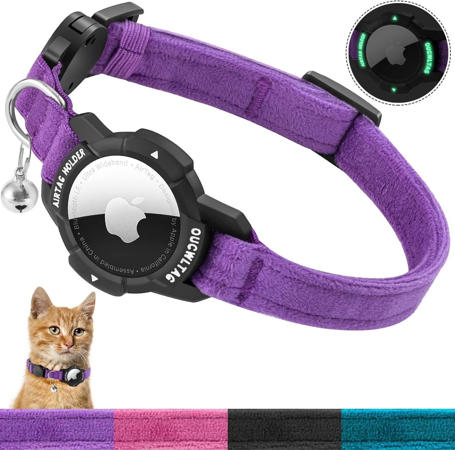 Luminous Airtag Cat Collar Breakaway,  GPS Cat Collar with Apple Air Tag Holder, Cat Tracker Collars with Safety Elastic Band for Girl Boy Cats, Kittens and Puppies (Blue, 9-13 Inch)
