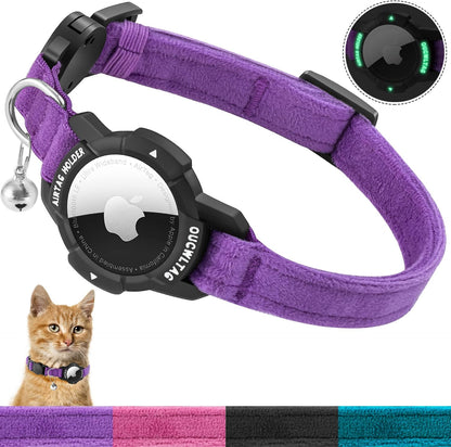Luminous Airtag Cat Collar Breakaway,  GPS Cat Collar with Apple Air Tag Holder, Cat Tracker Collars with Safety Elastic Band for Girl Boy Cats, Kittens and Puppies (Blue, 9-13 Inch)