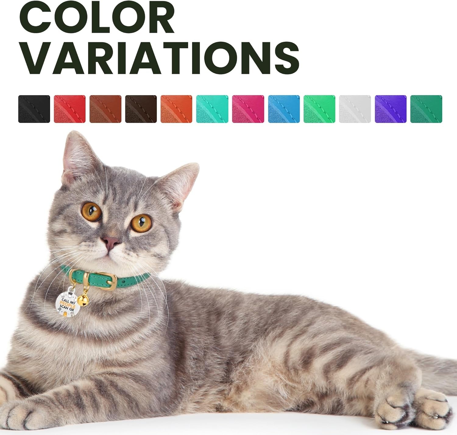 Leather Cat Collar with Removable Bells Non Breakaway Kitten QR Tag for Girl Boy (7" - 9" for Cats, Purple & Gold)
