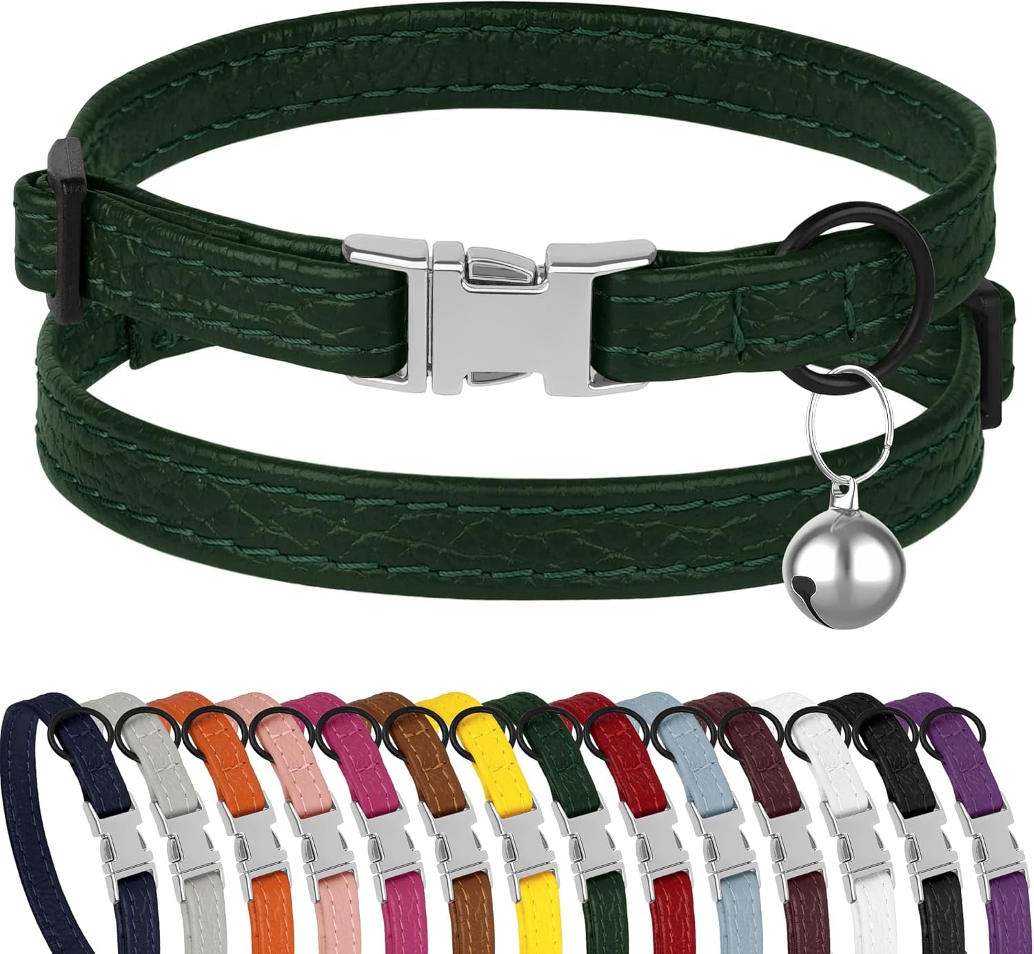 Leather Cat Collar with Buckle and Removable Bell - Non Breakaway Adjustable Soft Safety Small Pet Collars for Girl Boy Cats Kitten (Black)