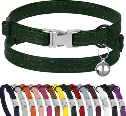 Leather Cat Collar with Buckle and Removable Bell - Non Breakaway Adjustable Soft Safety Small Pet Collars for Girl Boy Cats Kitten (Black)