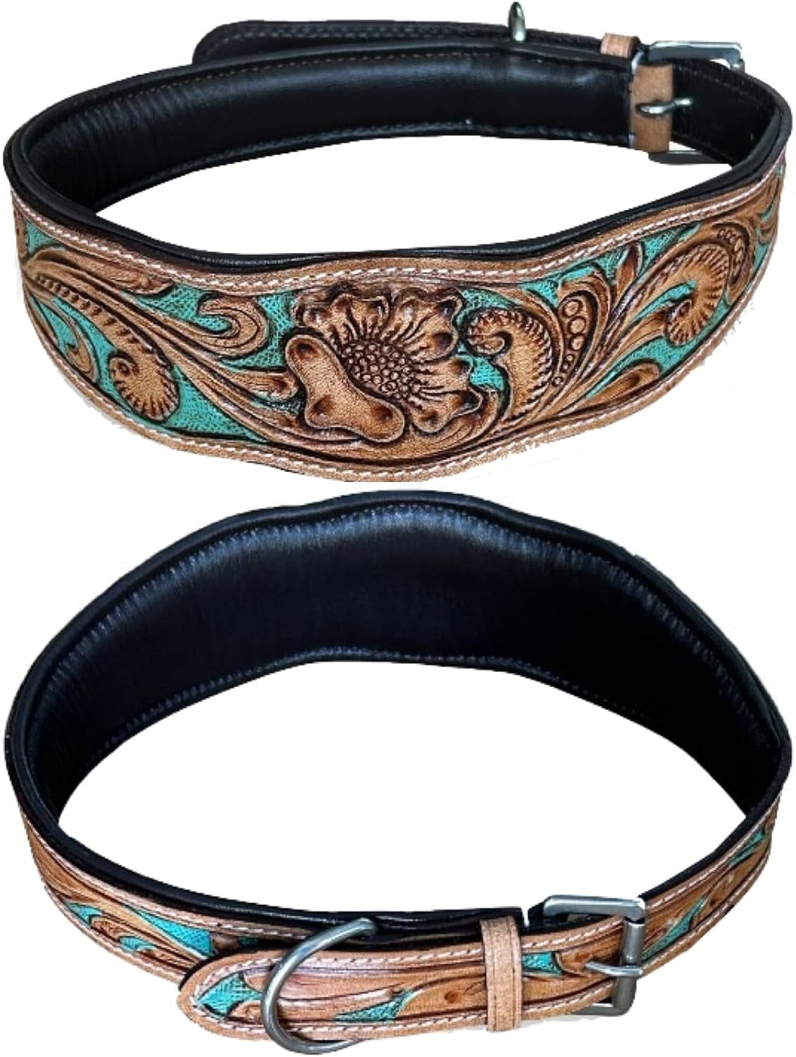 Hand Tooled Leather Dog Collar, Floral Design, Colored Inlay, Antique Natural Finish (Turquoise, Medium)