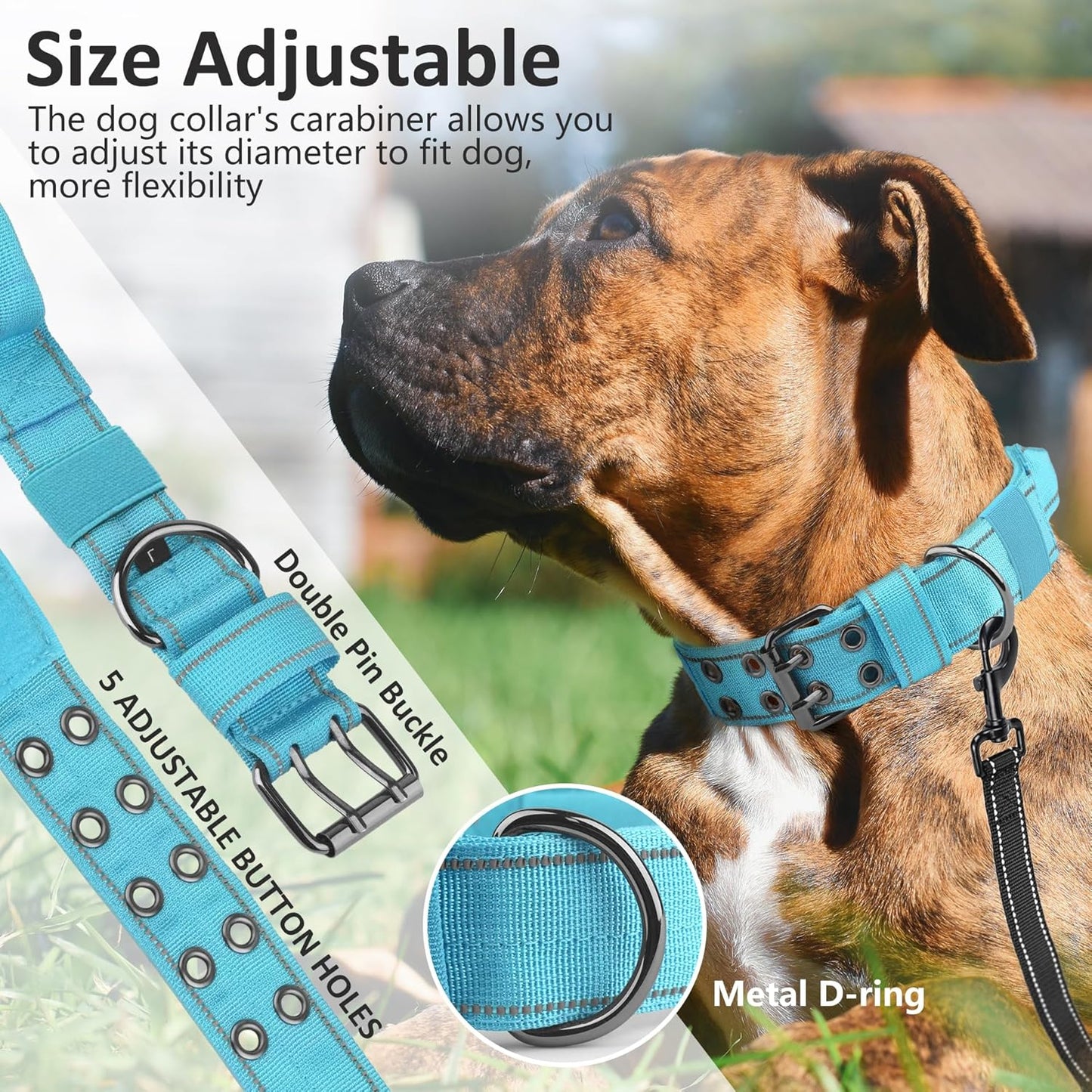 Tactical Dog Collar with Control Handle, Military Adjustable Pet Collar Reflective Heavy Metal Buckle Dog Collar, Soft Nylon Training Collar for Medium Large Dogs (Blue, Large)