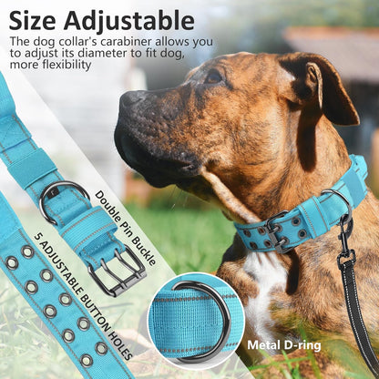 Tactical Dog Collar with Control Handle, Military Adjustable Pet Collar Reflective Heavy Metal Buckle Dog Collar, Soft Nylon Training Collar for Medium Large Dogs (Blue, Large)