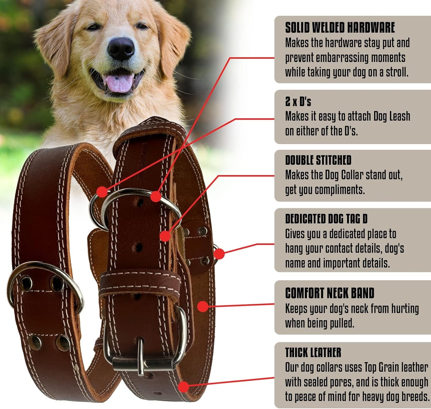 Leather Dog Collar with Reinforced Hardware, Heavy Duty Dog Collars for All Breeds, Made of Top Grain Genuine Leather That Is Soft & Durable (Brown, LG)