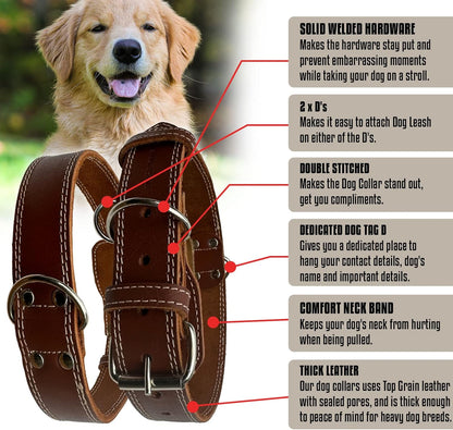 Leather Dog Collar with Reinforced Hardware, Heavy Duty Dog Collars for All Breeds, Made of Top Grain Genuine Leather That Is Soft & Durable (Brown, LG)