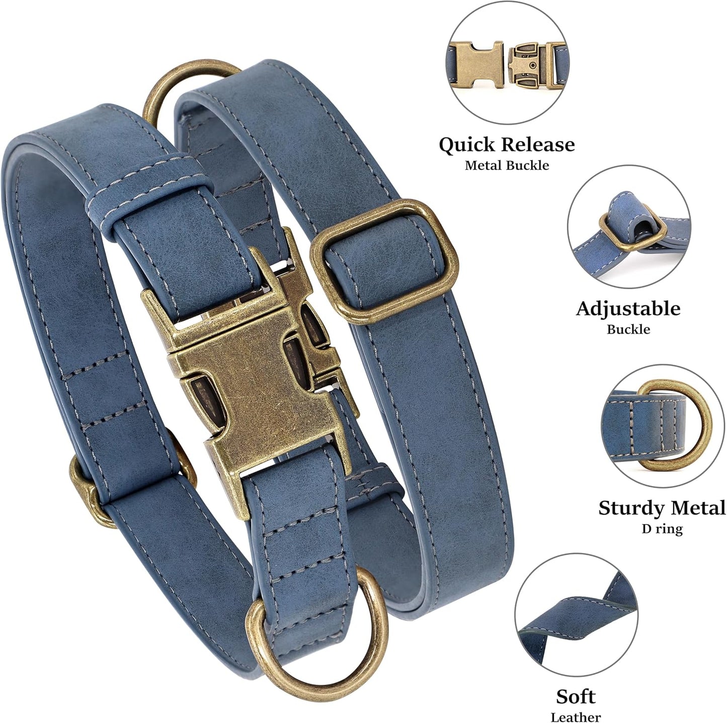 Soft PU Leather Dog Collar, Stylish Quick Released Dog Collars for Small Dogs, Easy Clean Adjustable Pet Collar for Daily Walking, Blue, S Fit 10-15" Neck