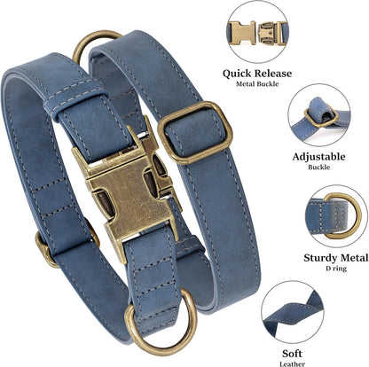 Soft PU Leather Dog Collar, Stylish Quick Released Dog Collars for Small Dogs, Easy Clean Adjustable Pet Collar for Daily Walking, Blue, S Fit 10-15" Neck