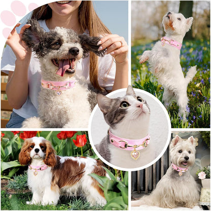 Cute Small Dog Cat Collar, Unique PU Leather - Bling Sparkle in the Sunlit, Puppy Collars with Rhinestone Heart Pendant, Pet Dog Necklace Collar Chihuahua (Pink, XS (Neck 8"-10"))
