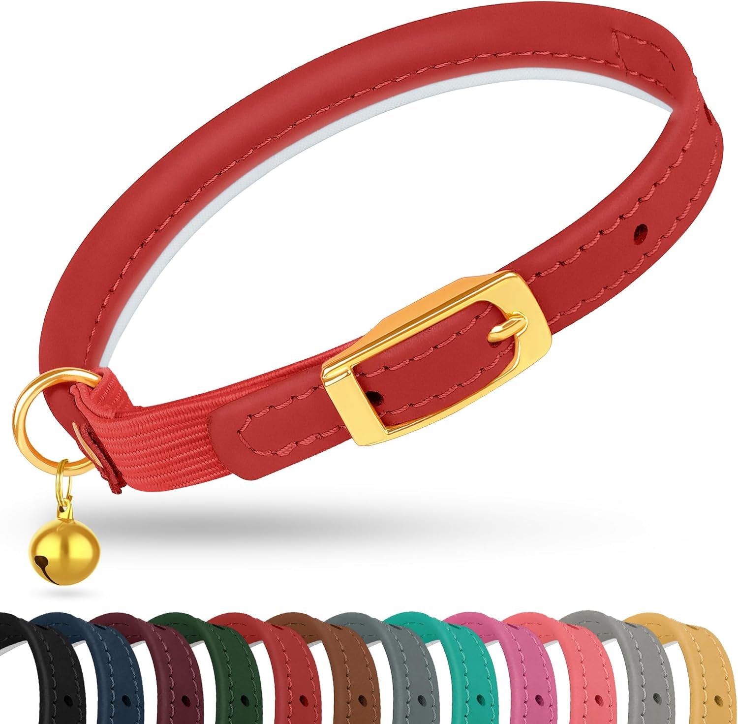 Rolled Leather Cat Collar with Bell - Reflective Kitten Collar with Safety Elastic Strap - Adjustable Small Pet Collars for Boy Girl Cats (Fuchsia)