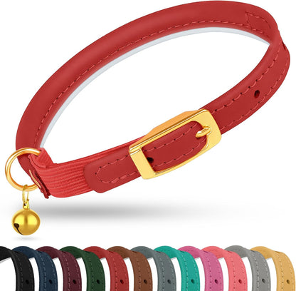 Rolled Leather Cat Collar with Bell - Reflective Kitten Collar with Safety Elastic Strap - Adjustable Small Pet Collars for Boy Girl Cats (Fuchsia)