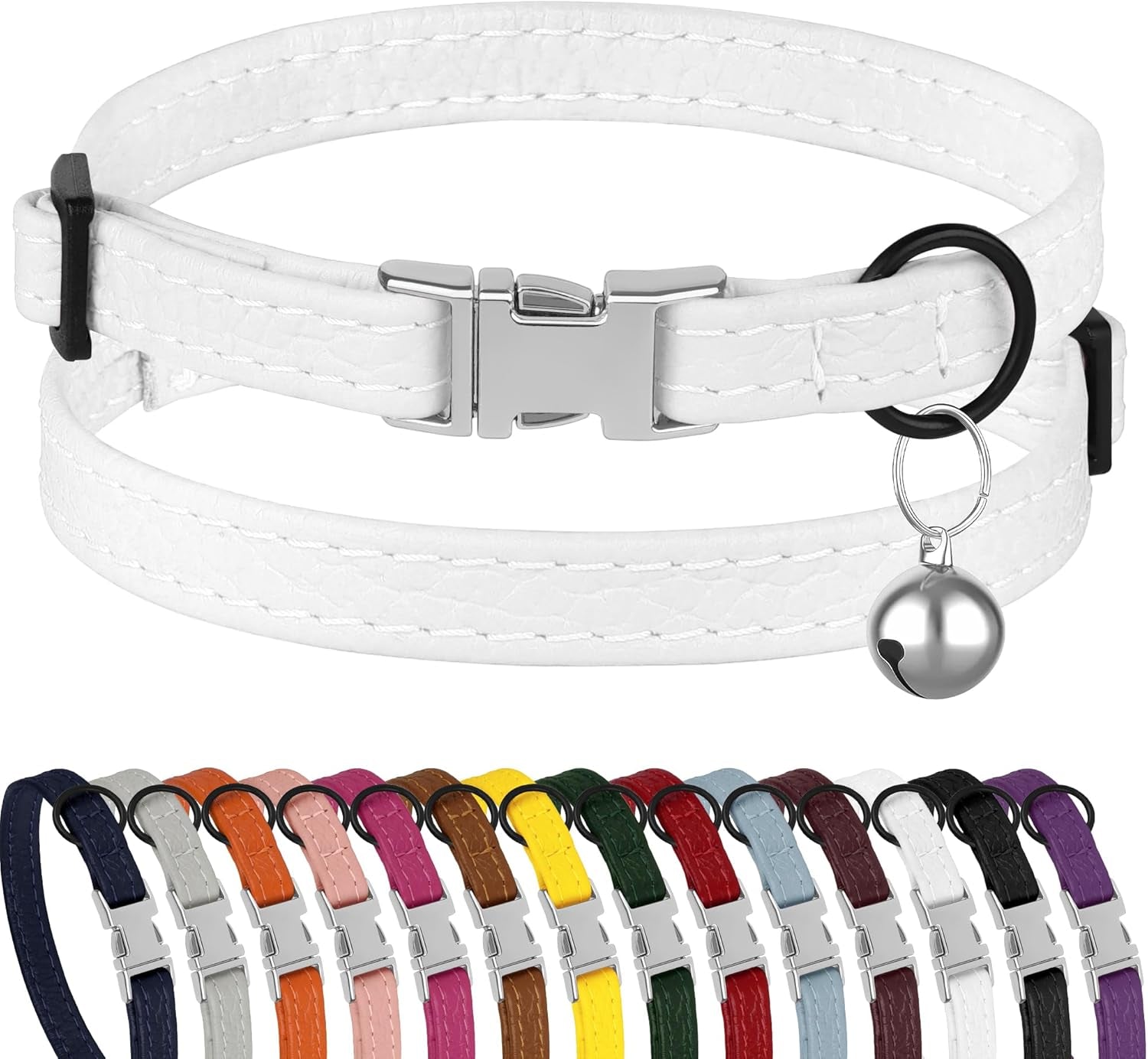 Leather Cat Collar with Buckle and Removable Bell - Non Breakaway Adjustable Soft Safety Small Pet Collars for Girl Boy Cats Kitten (Black)