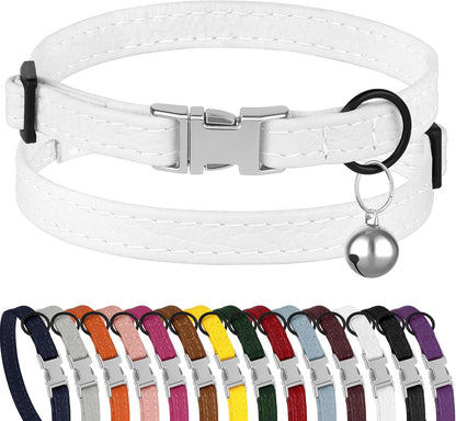 Leather Cat Collar with Buckle and Removable Bell - Non Breakaway Adjustable Soft Safety Small Pet Collars for Girl Boy Cats Kitten (Black)