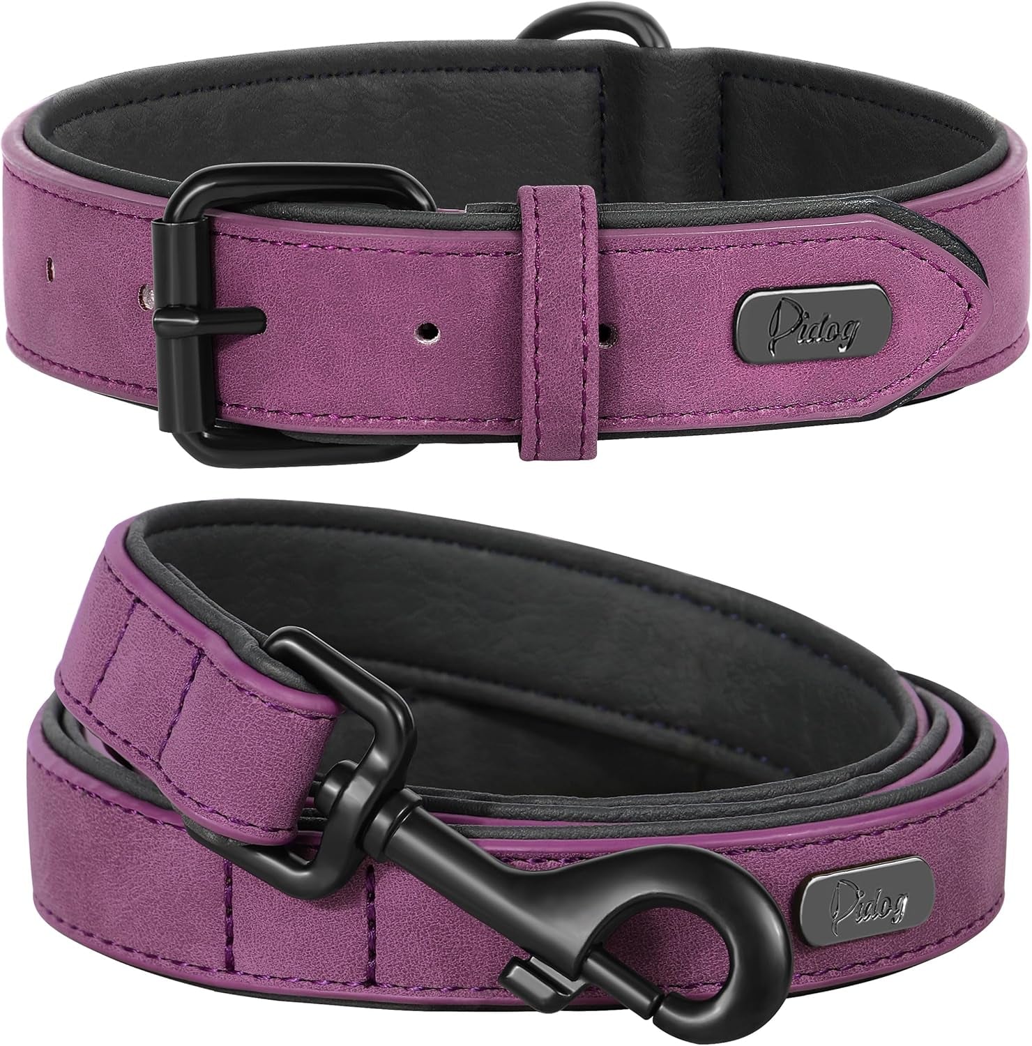 Soft Padded PU Leather Dog Collar, Breathable and Adjustable Dog Collars for Medium Dogs, Comfortable for Daily Walk, Purple, L Fit Neck 14-18"(22-44 Lbs)