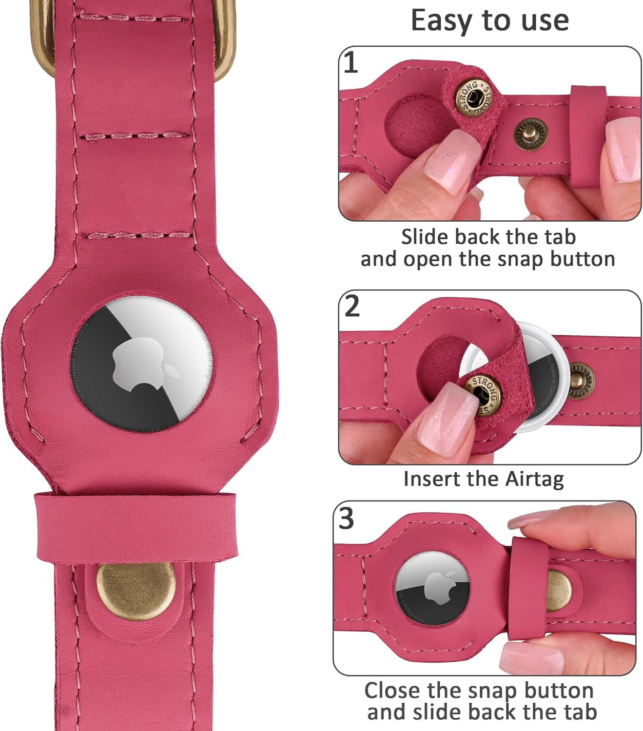 Airtag Dog Collar - Genuine Leather Dog Collar with Apple Airtag Holder and Metal Buckle - Smart GPS Tracking Pet Collars (Pink, S, 12"-15" Neck Fit)
