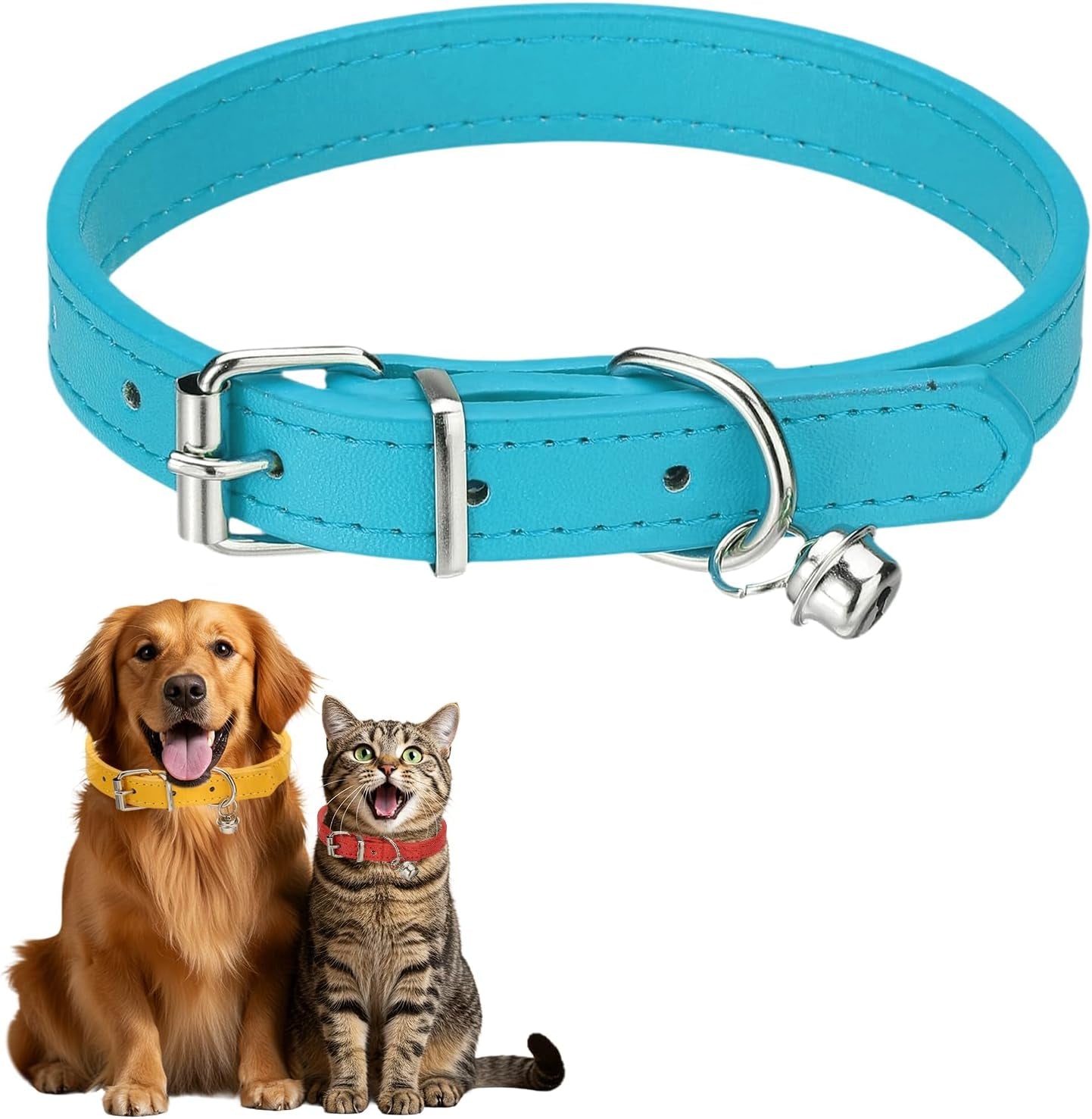 Dog Collar with Bell, Pu Leather Cat Collars Pet Basic Soft Padded Adjustable Buckle, 14.5" (Blue, 1 Pcs), Intended for Teacup/Little Dog/Kitten Cats/Small Animals