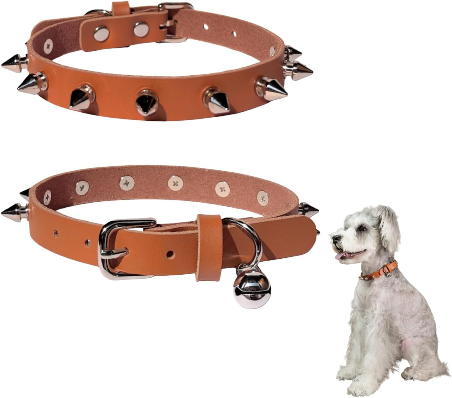 Genuine Leather Spiked Collar for Small Dogs with Bell, Studded Alloy Rivets Punk Style Protective Puppy Collar for Girl Boy Cat Doggies, 5 Holes Adjustable for Tiny Little Pups, Black XS 8"-11"