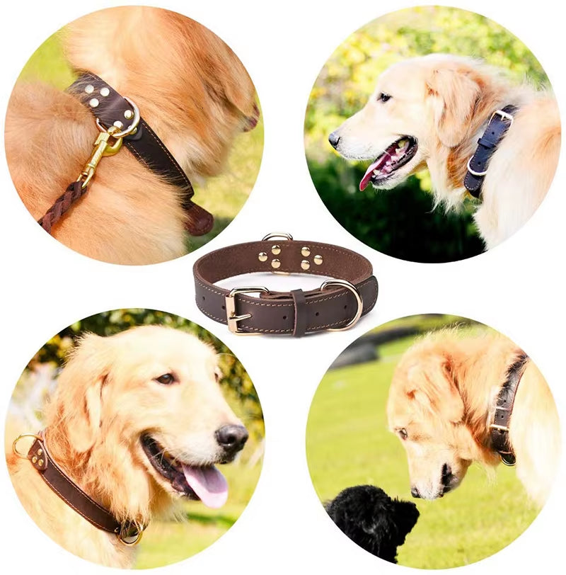 Quality Genuine Leather Dog Collar Durable Vintage Heavy-Duty Rustproof Double D-Ring Pet Collar for Medium Large Dogs