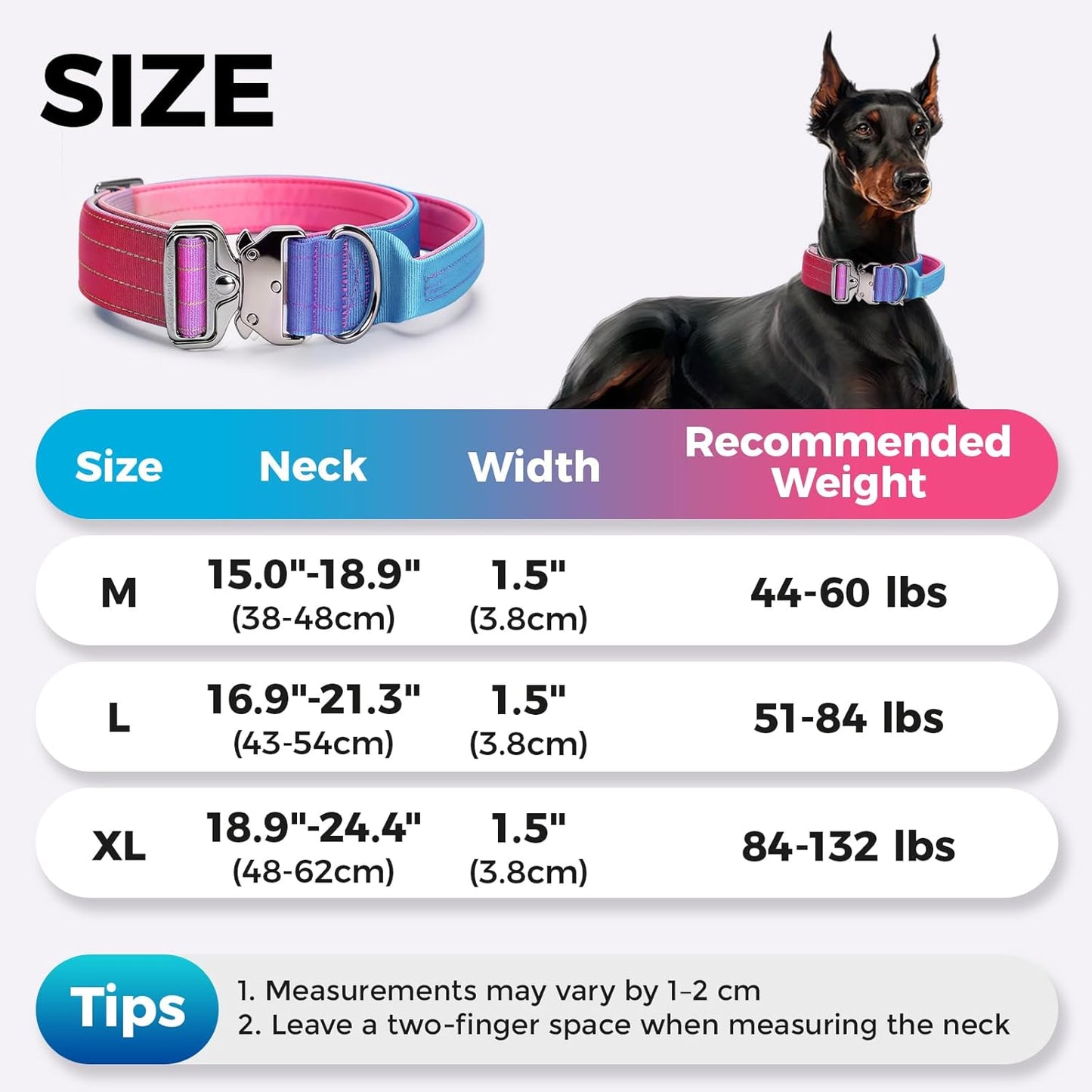 Tactical Dog Collar, Adjustable Heavy Duty Dog Collar with Handle Soft Neoprene Padded Training Collar with Quick Release Metal Buckle for Large Dogs (Gradient Pink, L)