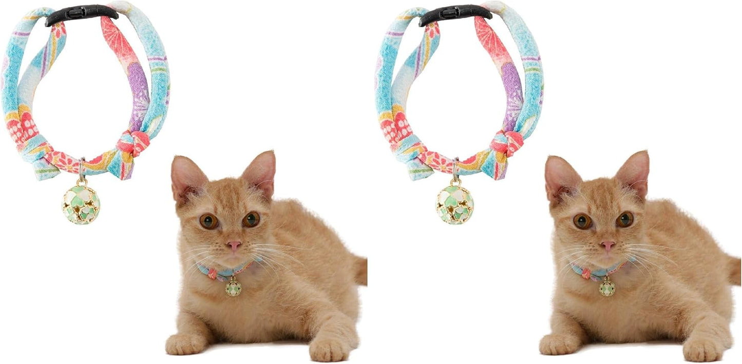 Chirimen Cat Collar with Clover Bell (Navy) with Bell Safety Breakaway Soft Lightweight for Cats Kitty Kitten Japanese Stylish Pattern, No.1 Seller in Japan