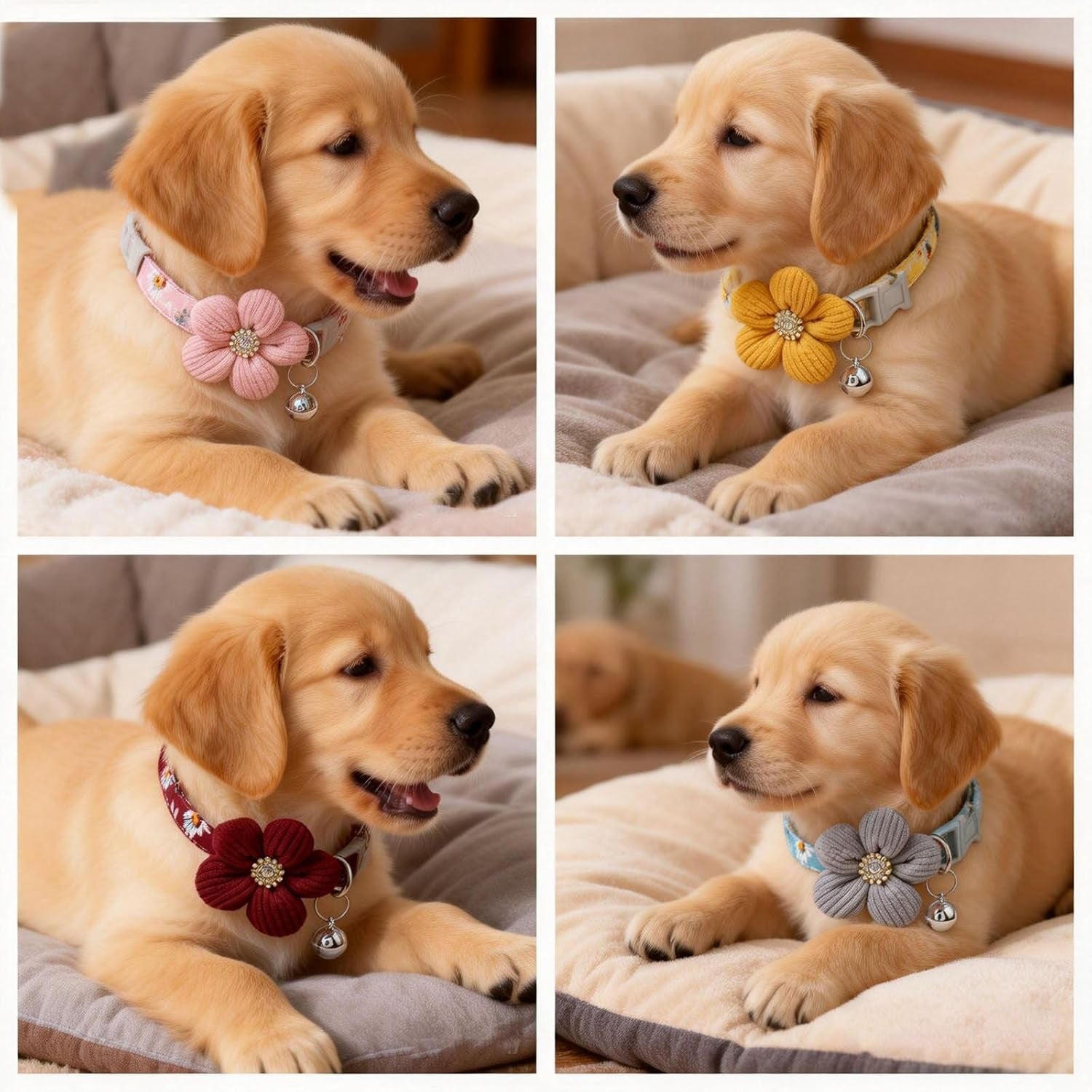 Cute Flower Cat Collar with Bell, Breakaway Safety Buckle, Soft Adjustable Floral Pet Collar for Kitten Cats, 4 Color Options (Gray, Yellow, Burgundy, Pink)