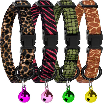 4PCS Breakaway Cat Collars with Bell - Cute Soft Adjustable Safety Kitten Collars 4-Pack - Nylon Pet Collars Nature Tribal Striped Floral Space Aztec Flowers Print (Nature)