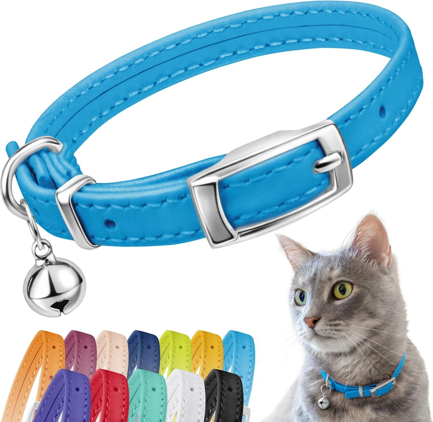 Leather Cat Collar with Removable Bell – Safety Elastic Strap (Breakaway Alternative) – Kitten Collar for Small & Big Boy & Girl Cats