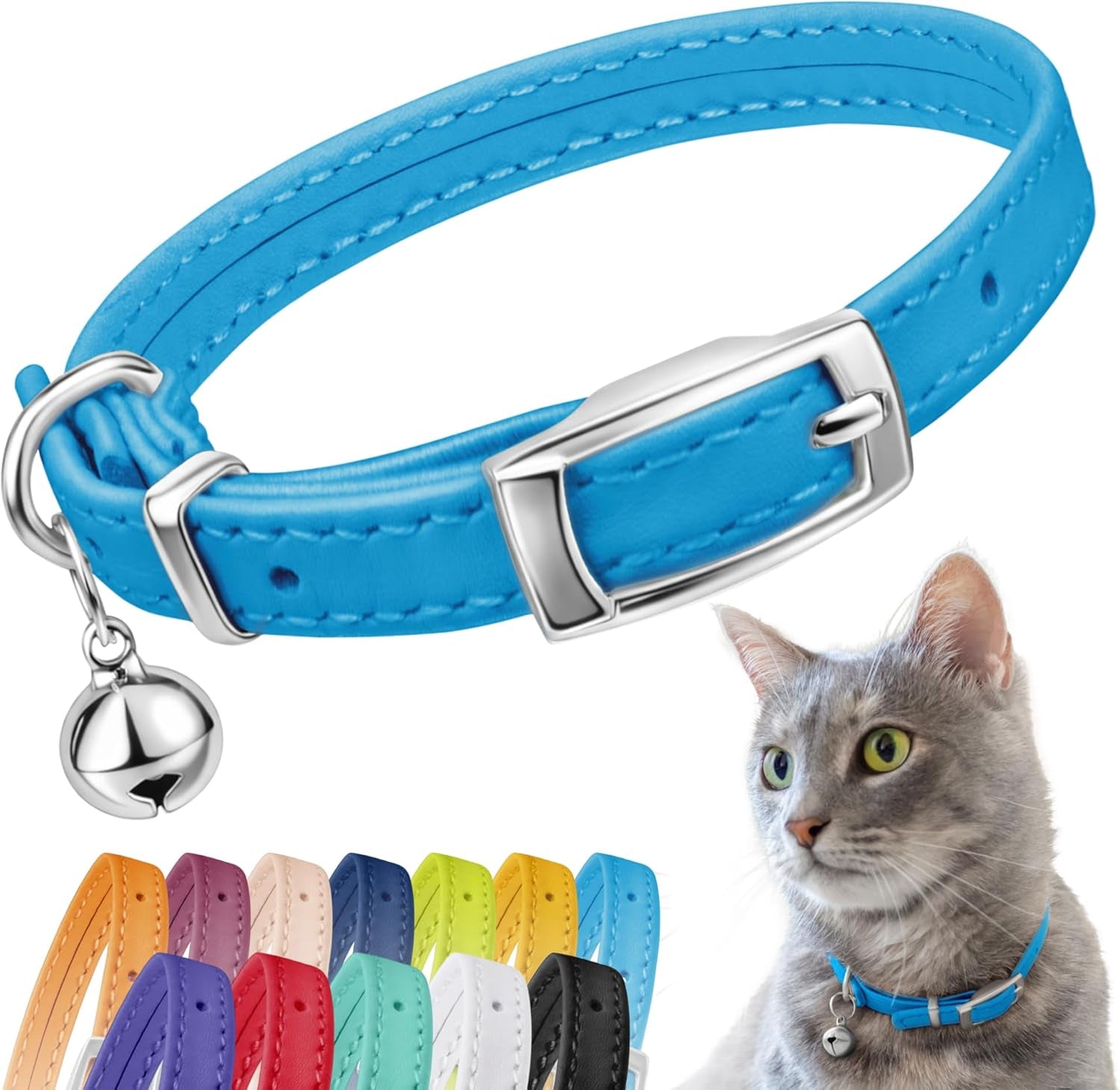 Leather Cat Collar with Removable Bell – Safety Elastic Strap (Breakaway Alternative) – Kitten Collar for Small & Big Boy & Girl Cats