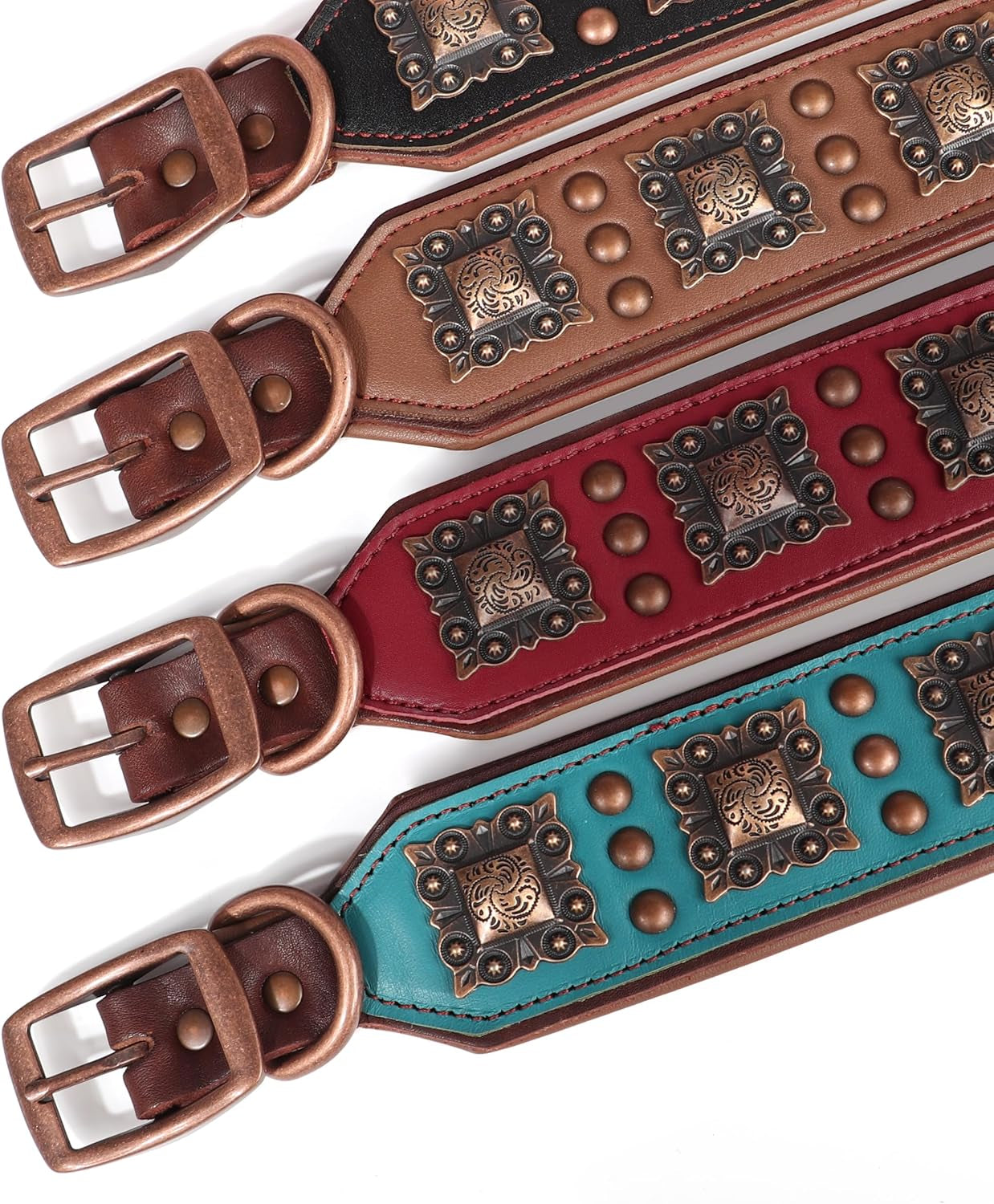 Soft Padded Leather Dog Collar, 2 Inch Wide Genuine Leather Dog Collars with Stylish Studded Rivet & Metal Buckle, Luxury & Adjustable Pet Collars for Medium Dogs,Green,Neck 16-19"