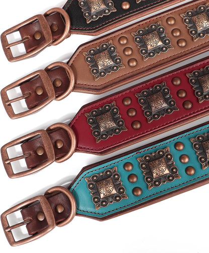 Soft Padded Leather Dog Collar, 2 Inch Wide Genuine Leather Dog Collars with Stylish Studded Rivet & Metal Buckle, Luxury & Adjustable Pet Collars for Medium Dogs,Green,Neck 16-19"
