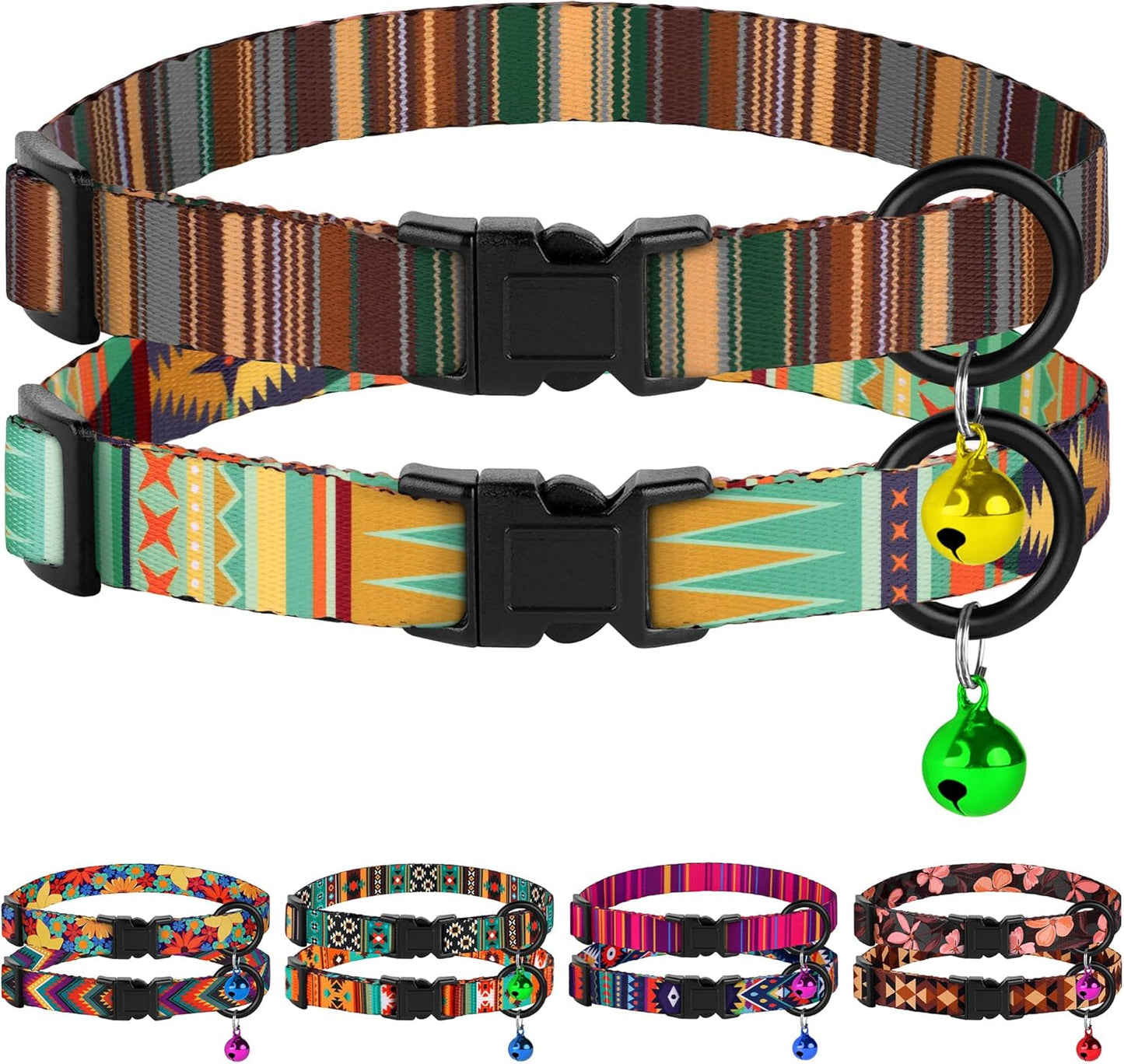 Cat Collars 2 Pack - Soft Cute Breakaway Collar with Bell, Adjustable Safety Kitten Collars for Girl & Boy Cats – Comfortable Stylish Patterned Print Lightweight (Tribal + Southwest)