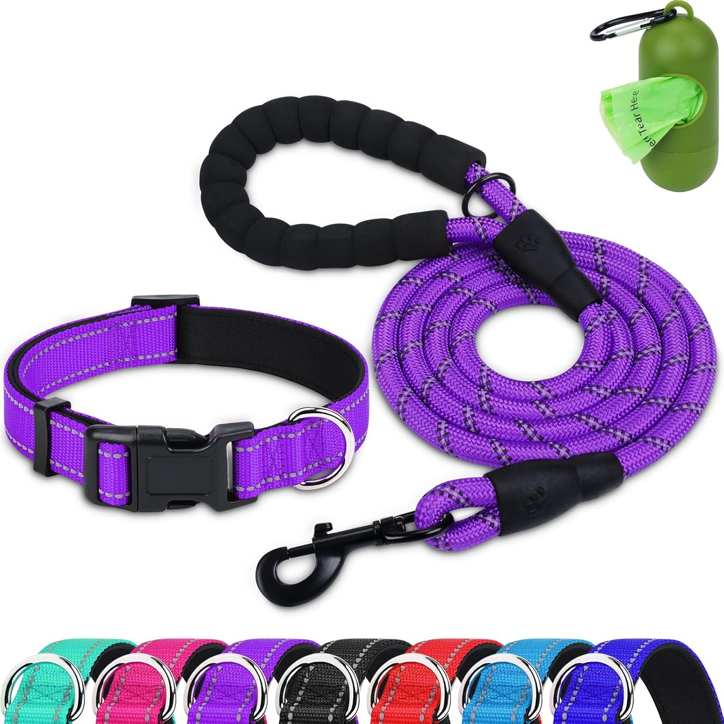 Reflective Dog Collar and Leash Set, 6FT Strong Climbing Rope Leash with Padded Handle, Adjustable Pet Collar with Soft Neoprene Padding for Large Dogs, Teal, L