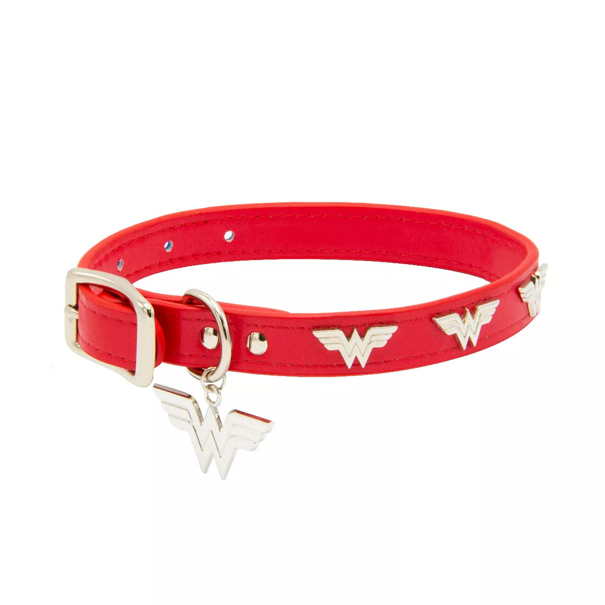 Buckle-Down Vegan Leather Dog Collar - DC Comics Wonder Woman Red with WW Icon Embellishments & Metal Charm
