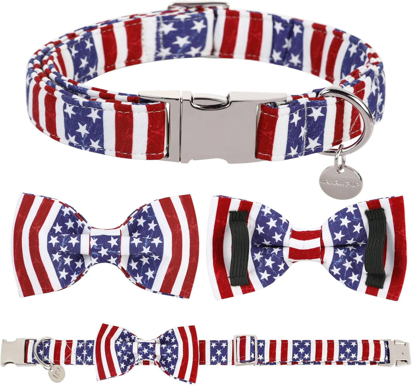 Patriotic Dog Collar with Bow Tie - 4th of July Comfortable Cotton American Flag Design for Large Dogs, Stylish Metal Buckle