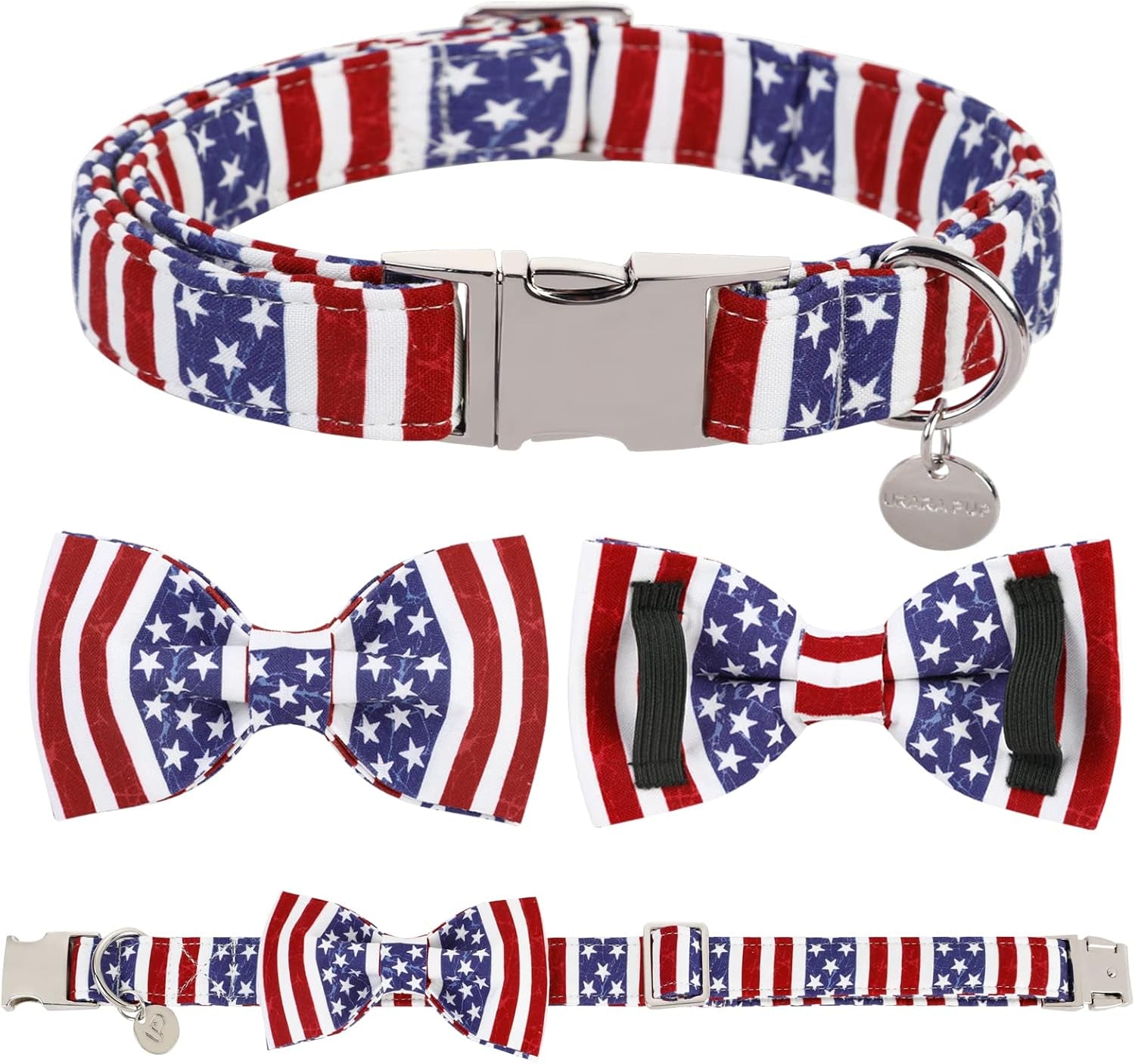 Patriotic Dog Collar with Bow Tie - 4th of July Comfortable Cotton American Flag Design for Large Dogs, Stylish Metal Buckle