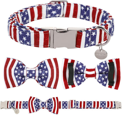 Patriotic Dog Collar with Bow Tie - 4th of July Comfortable Cotton American Flag Design for Large Dogs, Stylish Metal Buckle