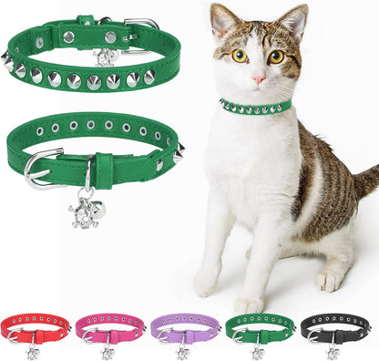 Leather Cat Collars for Boy Girl Cats with Bell and Safety Elastic Belt, Personalized Star and Moon Stud Adjustable Safe Buckle Collar for Kitty Small Big Cats Size 7-9 Inch, Black