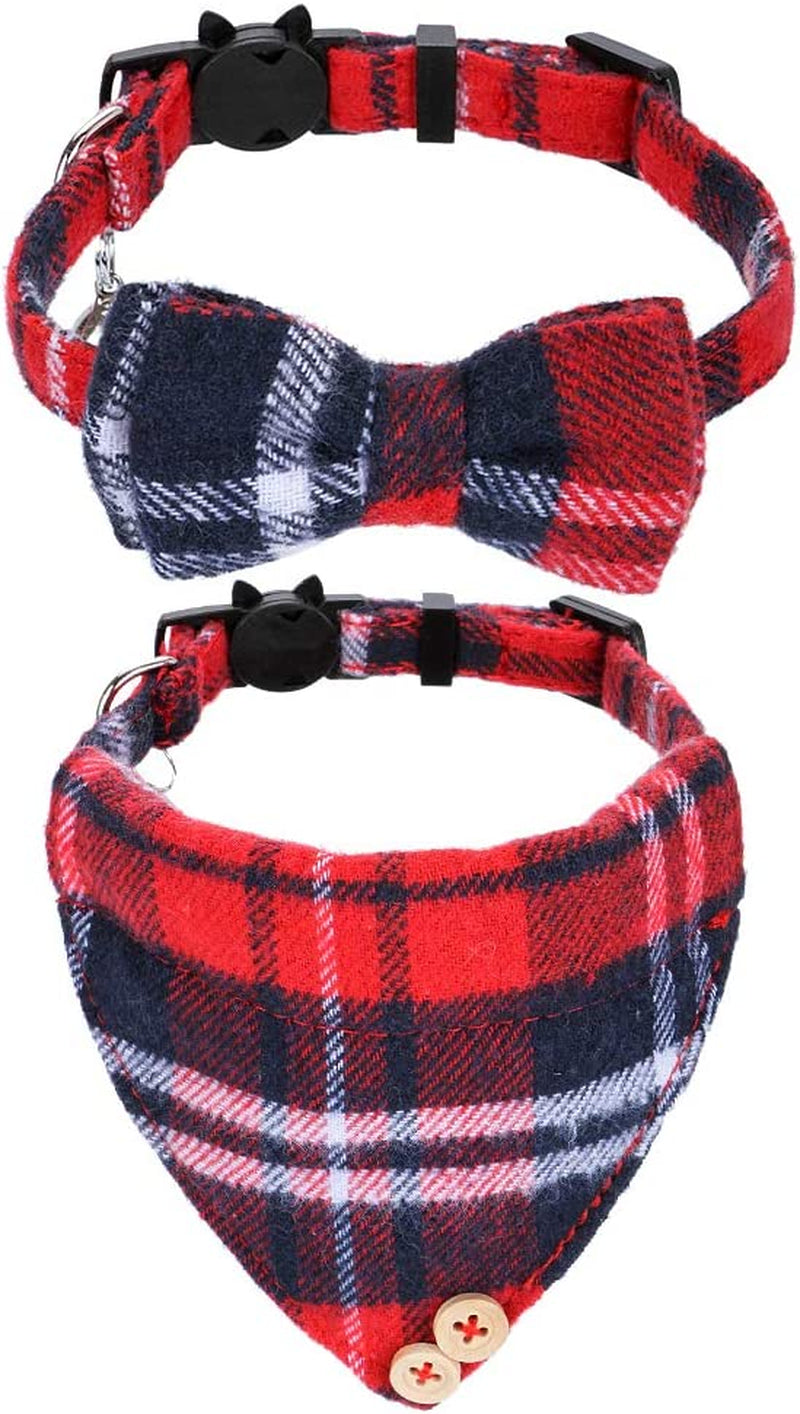 2 Pack/Set Cat Collar with Cute Bow Tie and Bell,Breakaway Plaid Shirt Collar for Kitty Adjustable Safety