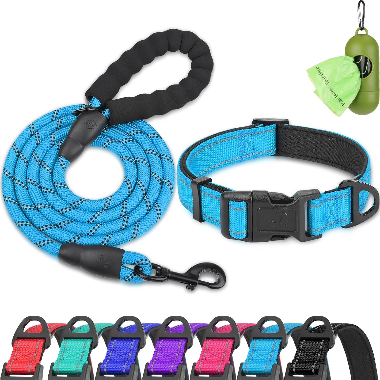 Reflective Dog Collar and Leash Set, 6FT Strong Climbing Rope Leash with Padded Handle, Adjustable Pet Collar with Soft Neoprene Padding for Large Dogs, Teal, L