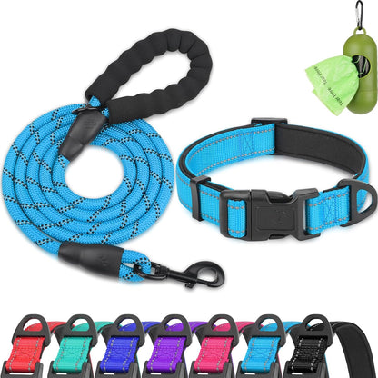 Reflective Dog Collar and Leash Set, 6FT Strong Climbing Rope Leash with Padded Handle, Adjustable Pet Collar with Soft Neoprene Padding for Large Dogs, Teal, L