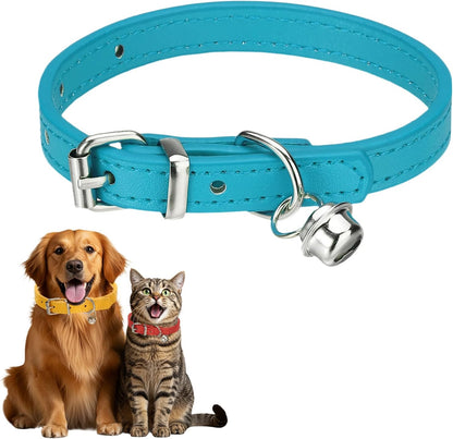 Dog Collar with Bell, Pu Leather Cat Collars Pet Basic Soft Padded Adjustable Buckle, 14.5" (Blue, 1 Pcs), Intended for Teacup/Little Dog/Kitten Cats/Small Animals