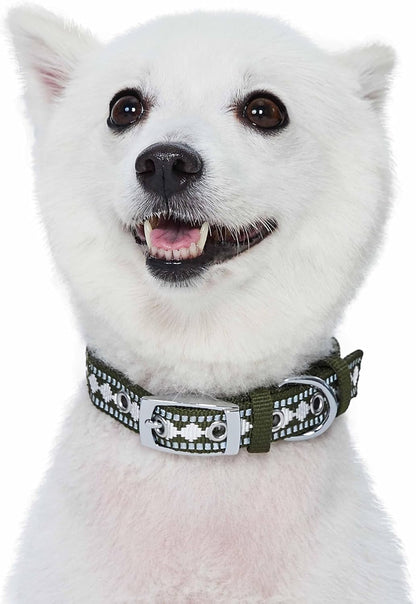 Reflective Jacquard Dog Collar with Neoprene Padding & Metal Buckle | Soft & Adjustable Safety Collar - Olive, Neck 13-16.5", for Medium Breed